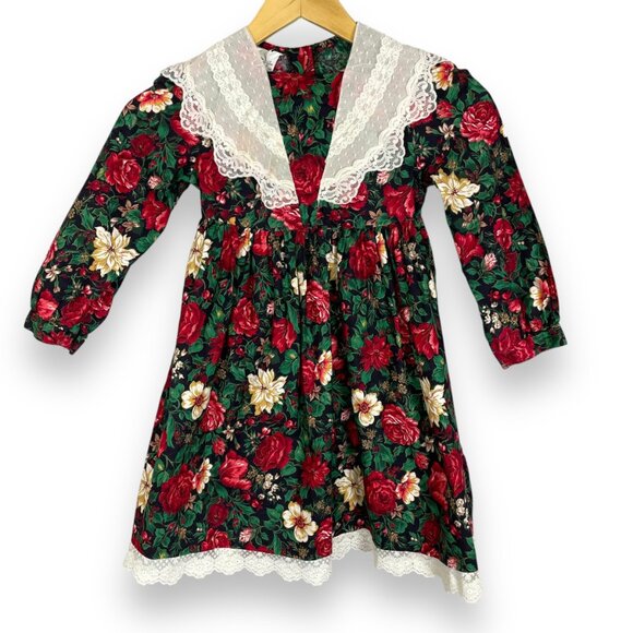 Vintage Christmas Dress Girl Child Lace Floral Long Sleeve Holiday Size 6X Kid - Picture 1 of 13